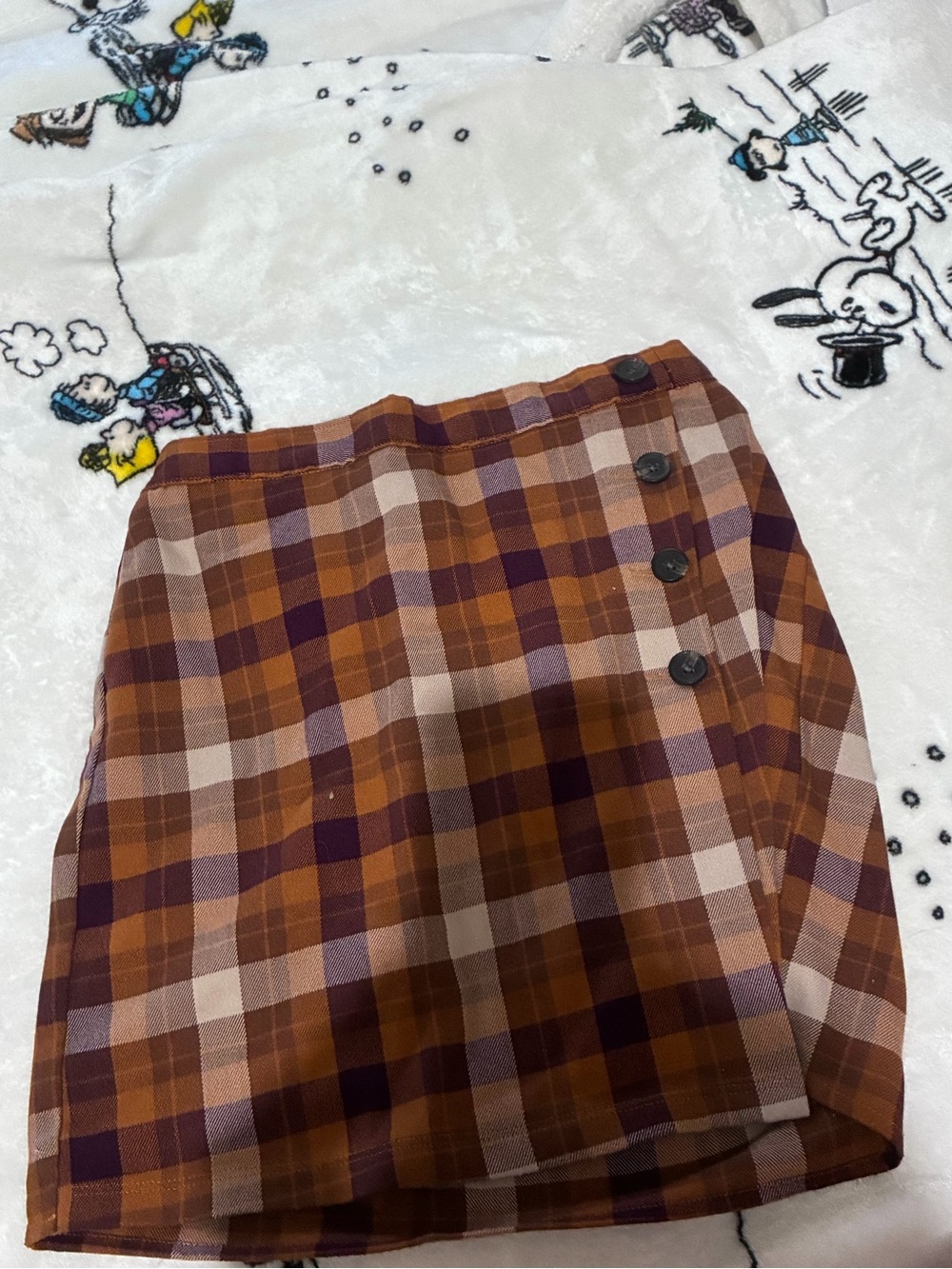 SO Plaid Button-Accent Mini Skirt in Brown and Purple